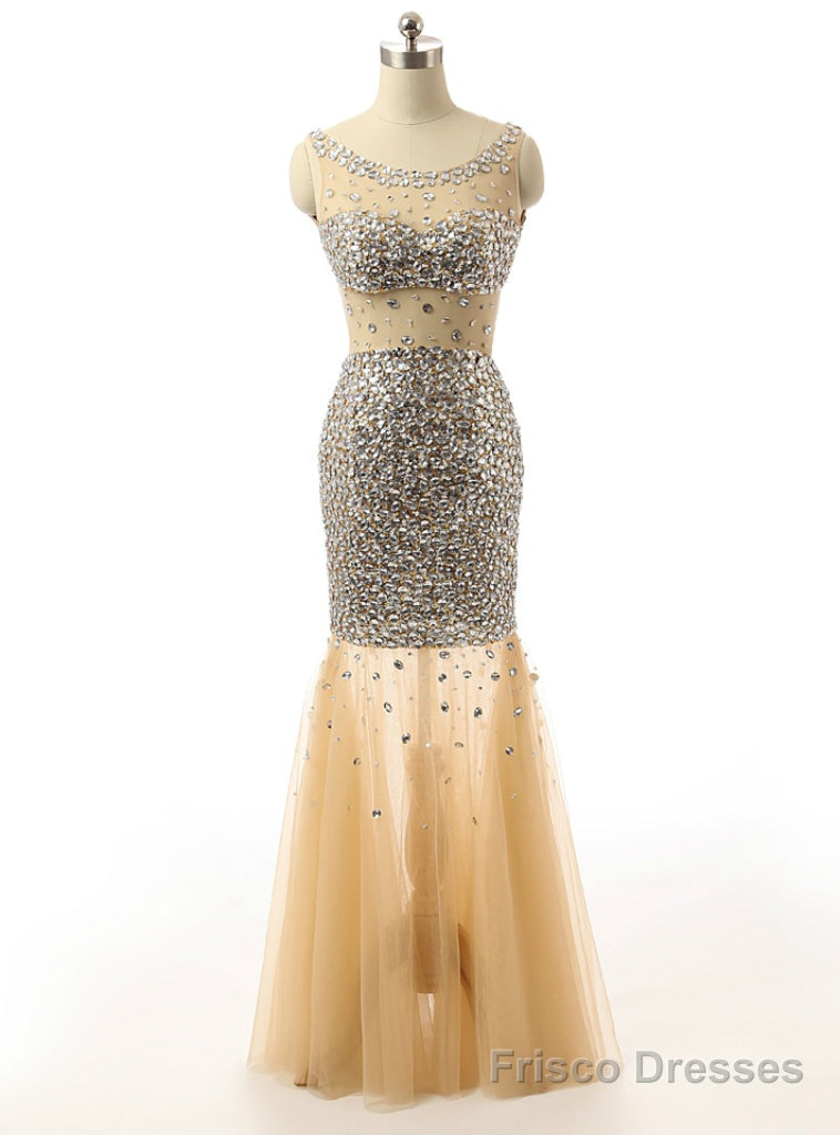 Mermaid Golden Beading Sequins Backless Tulle Formal Prom Dress Main image