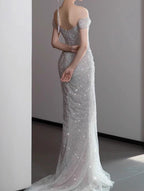 Mermaid Gowne??? Off The Shoulder Tulle Sequins Long Prom Dress For Formal Events &Quinceanera