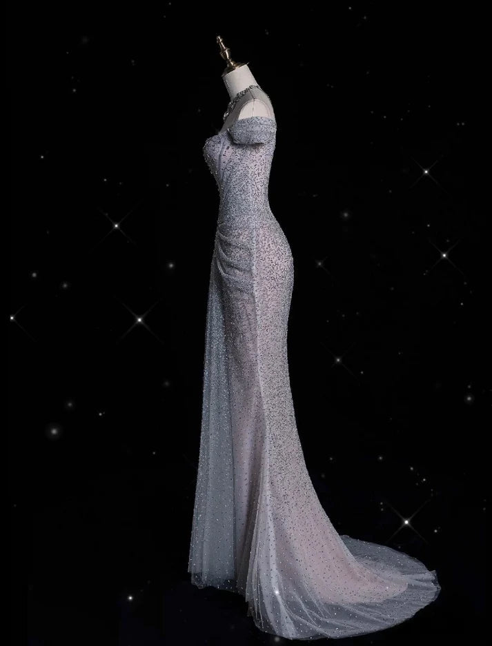 Mermaid Gowne??? Off The Shoulder Tulle Sequins Long Prom Dress For Formal Events &Quinceanera