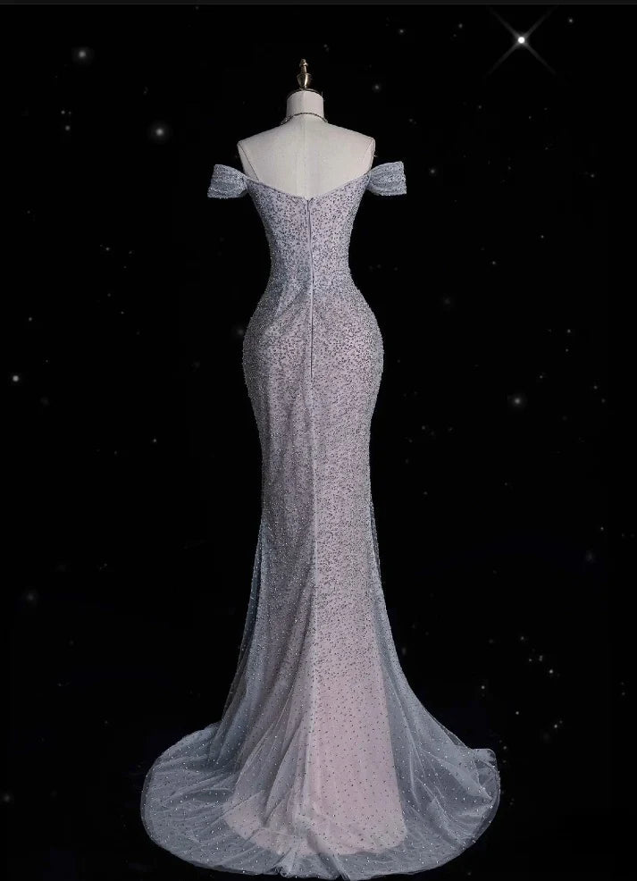 Mermaid Gowne??? Off The Shoulder Tulle Sequins Long Prom Dress For Formal Events &Quinceanera