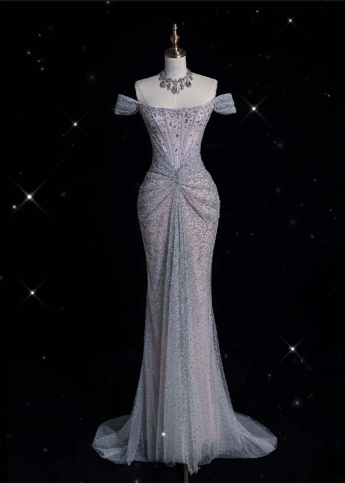 Mermaid Gowne??? Off The Shoulder Tulle Sequins Long Prom Dress For Formal Events &Quinceanera