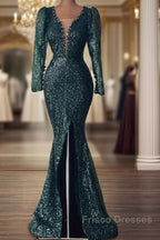 Mermaid Green Long Sleeve Sequin Formal Prom Dress