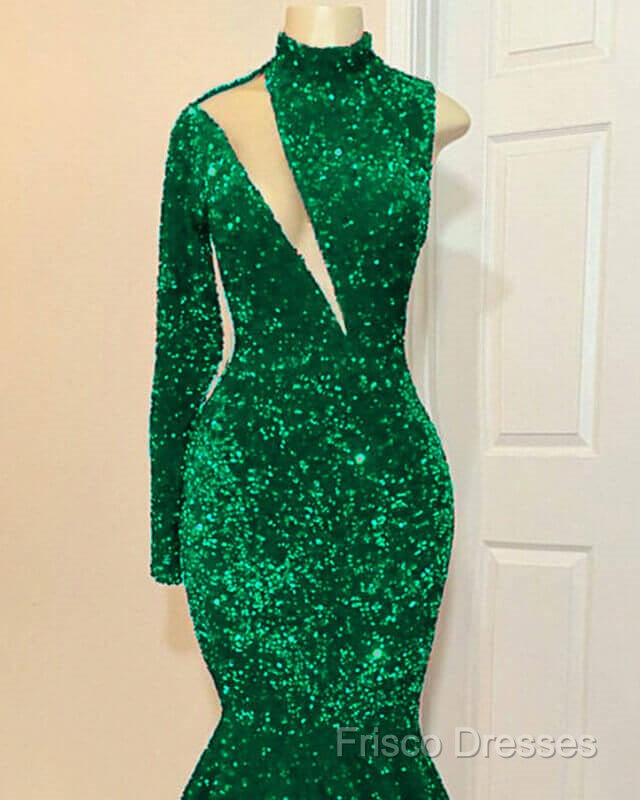 Mermaid Green Sequin Formal Prom Dress One Shoulder High Neck Secondary image