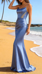 Mermaid Grey Blue Satin Spaghetti Straps Long Prom Dress