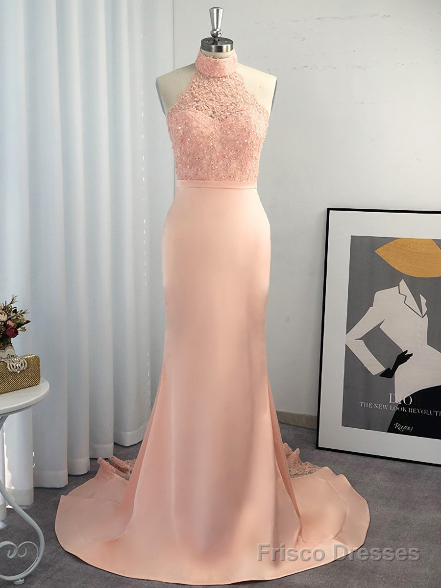 Mermaid Halter Appliques Lace Sweep Train Satin Dress Secondary image