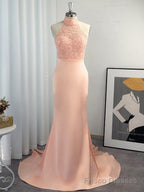 Mermaid Halter Appliques Lace Sweep Train Satin Dress