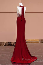 Mermaid Halter Burgundy Long Formal Prom Dress