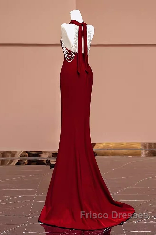 Mermaid Halter Burgundy Long Formal Prom Dress