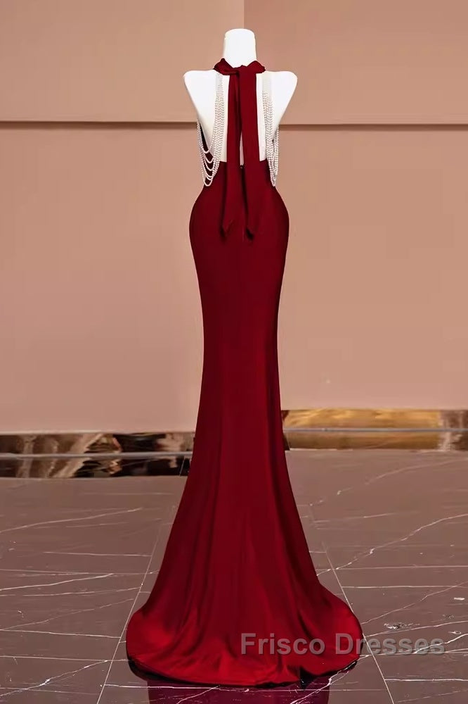 Mermaid Halter Burgundy Long Formal Prom Dress