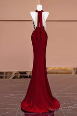 Mermaid Halter Burgundy Long Prom Dresses