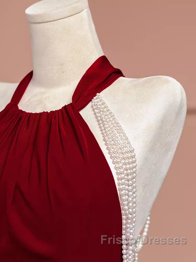Mermaid Halter Burgundy Long Formal Prom Dress