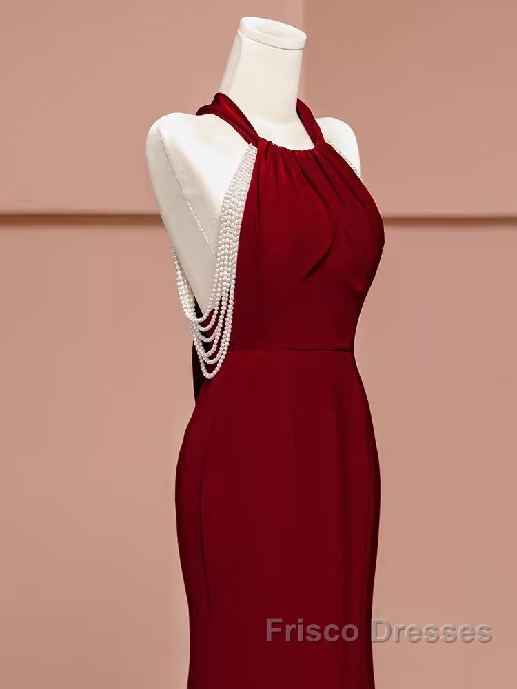 Mermaid Halter Burgundy Long Formal Prom Dress