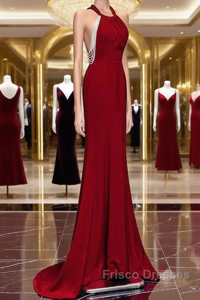 Mermaid Halter Burgundy Long Formal Prom Dress