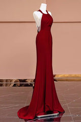 Mermaid Halter Burgundy Long Prom Dresses