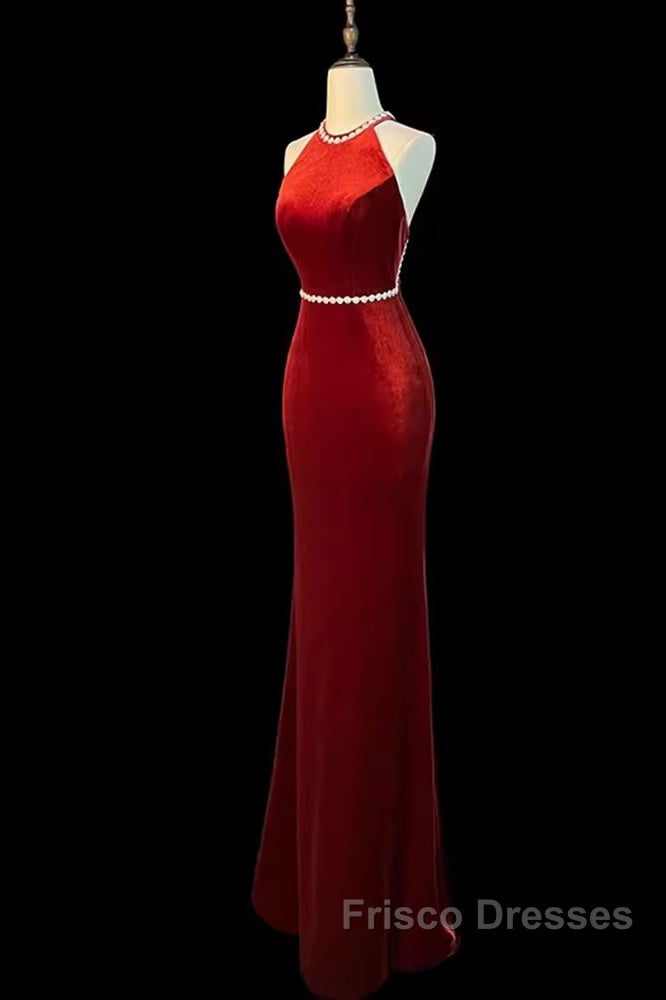 Mermaid Halter Burgundy Long Velvet Formal Prom Dress Secondary image