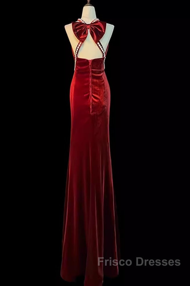 Mermaid Halter Burgundy Long Velvet Formal Prom Dress