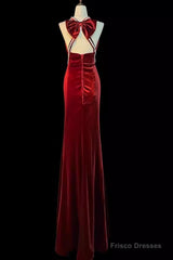 Mermaid Halter Burgundy Long Velvet Prom Dresses