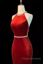 Mermaid Halter Burgundy Long Velvet Formal Prom Dress