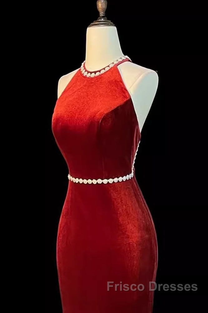 Mermaid Halter Burgundy Long Velvet Formal Prom Dress