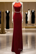 Mermaid Halter Burgundy Long Velvet Formal Prom Dress