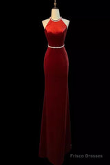Mermaid Halter Burgundy Long Velvet Prom Dresses