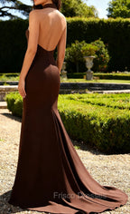 Mermaid Halter Coffee Open Back Long Formal Dress