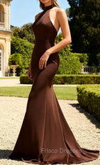 Mermaid Halter Coffee Open Back Long Formal Dress