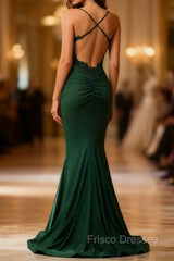 Mermaid Halter Dark Green Long Formal Prom Dress with Appliques Beading