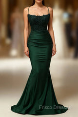 Mermaid Halter Dark Green Long Formal Prom Dress with Appliques Beading