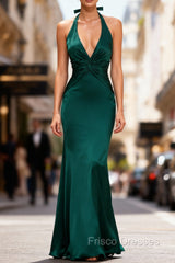 Mermaid Halter Dark Green Long Satin Formal Prom Dress