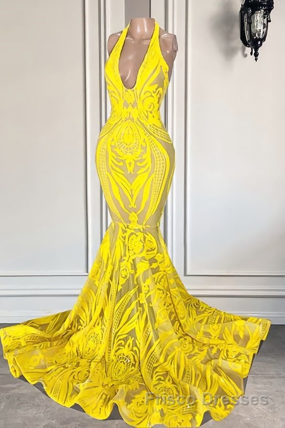 Mermaid Halter Floor-length Sleeveless Open Back Appliques Lace Formal Prom Dresses