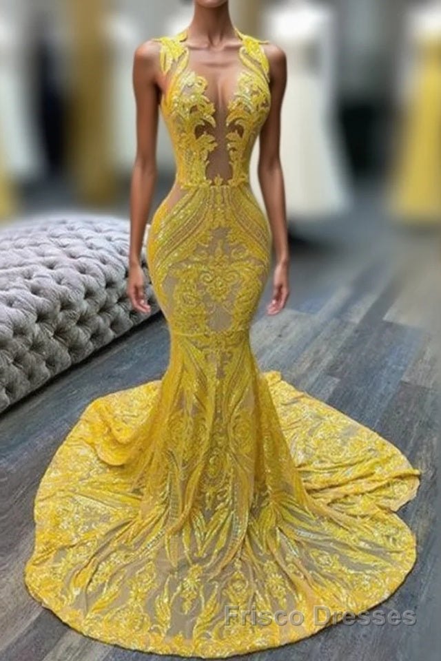 Mermaid Halter Floor-length Sleeveless Open Back Sequined Appliques Lace Formal Prom Dresses Main image
