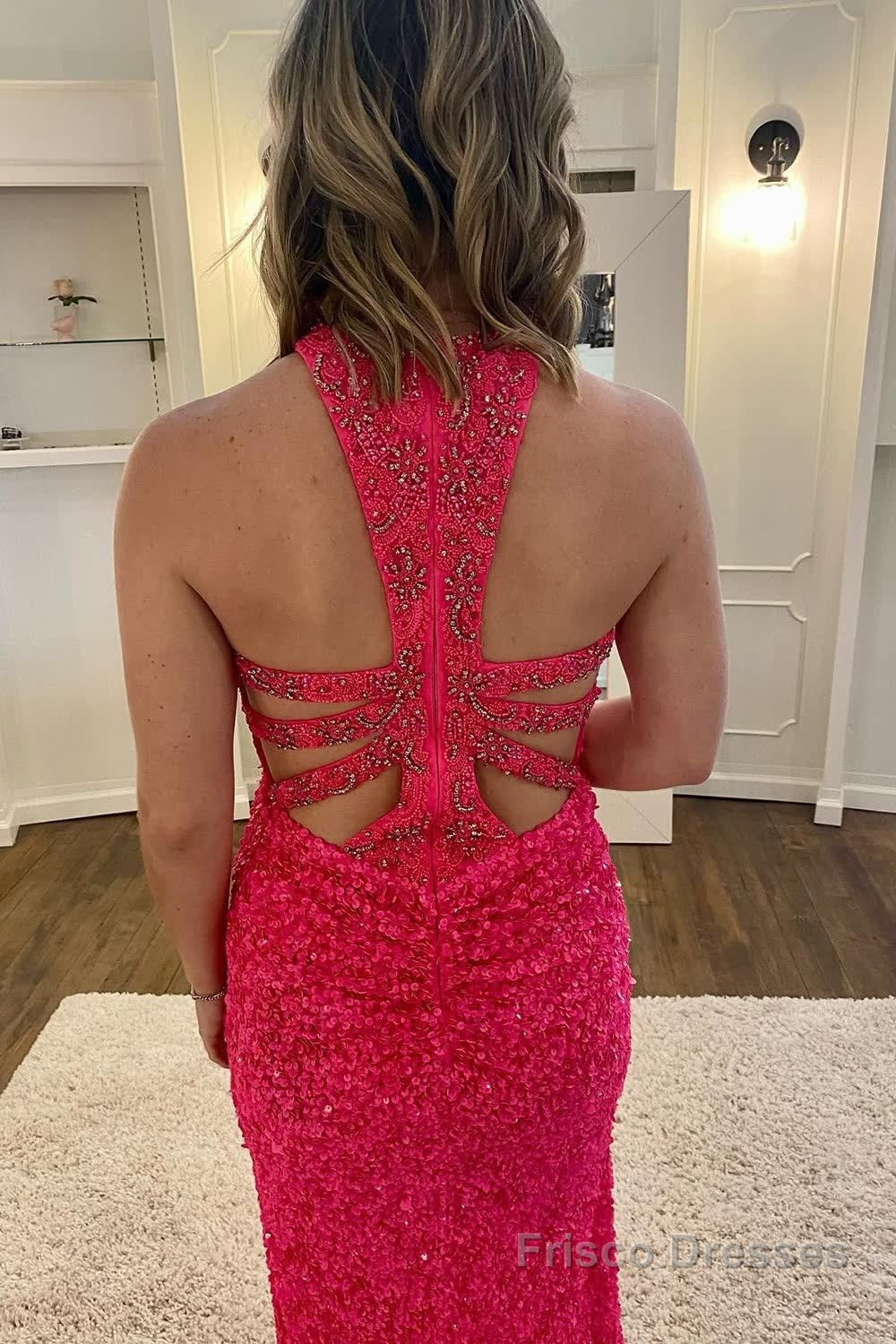 Mermaid Halter Neck Hot Pink Sequins Long Prom Dress with Split Front Secondary image