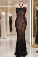 Mermaid Halter Neck Tulle Applique Long Formal Prom Dress