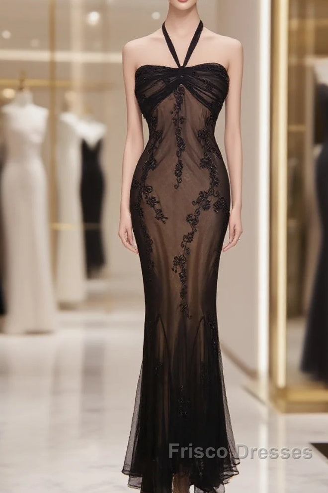 Mermaid Halter Neck Tulle Applique Long Formal Prom Dress
