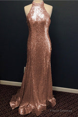 Mermaid Halter Rose Gold Prom Dress