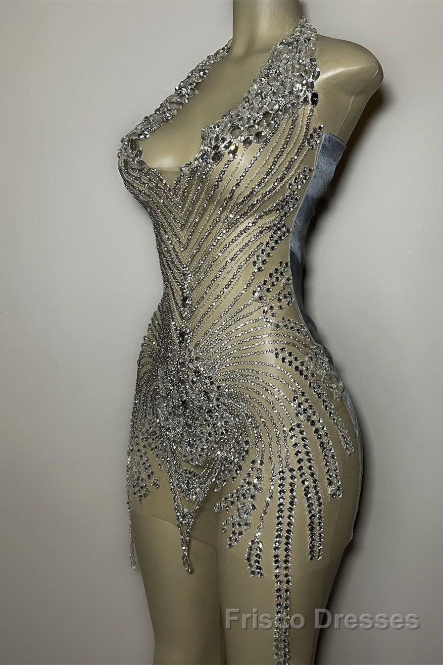 Mermaid Halter Sequined Jersey Beading Sleeveless Mini Rhinestone Party Dresses