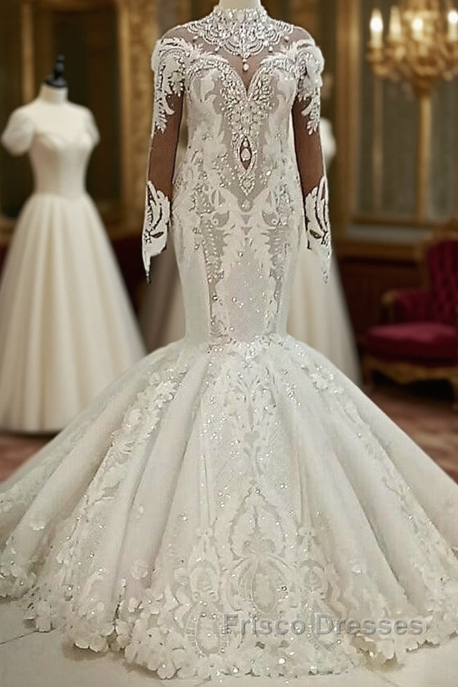 Mermaid High Collar Floor Length Tulle Applique Paillette Wedding Dress Main image