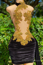 Mermaid High Neck Applique Lace Mini Sleeveless Backless Formal Prom Dresses With Side Train