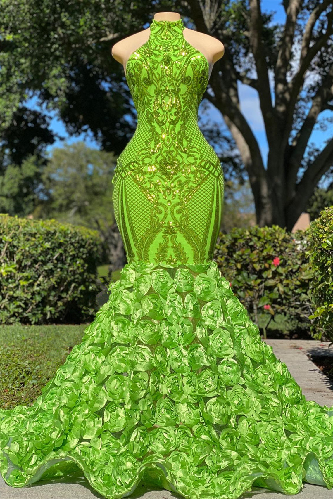 Mermaid High Neck Appliques Lace Sequined Open Back Floor-Length Sleeveless Prom Dress Main image