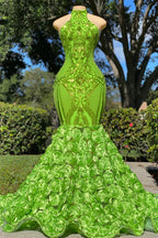 Mermaid High Neck Appliques Lace Sequined Open Back Floor-Length Sleeveless Prom Dress