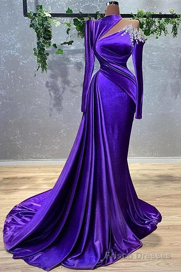 Mermaid High Neck Asymmetrical Floor-length Long Sleeve Flower Prom Dress Main image