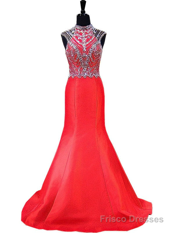 Mermaid High Neck Beaded Crystals Floor Length Backless Prom Dress Main image