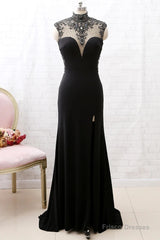 Mermaid High Neck Beaded Jersey Black Formal Evening Prom Gown With Slit