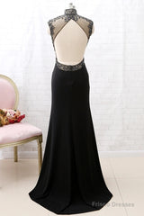 Mermaid High Neck Beaded Jersey Black Formal Evening Prom Gown With Slit