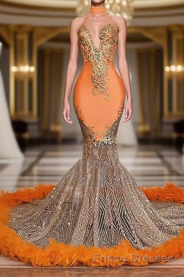Mermaid High Neck Floor-length Sleeveless Appliques Lace Formal Prom Dresses With Feather Main image