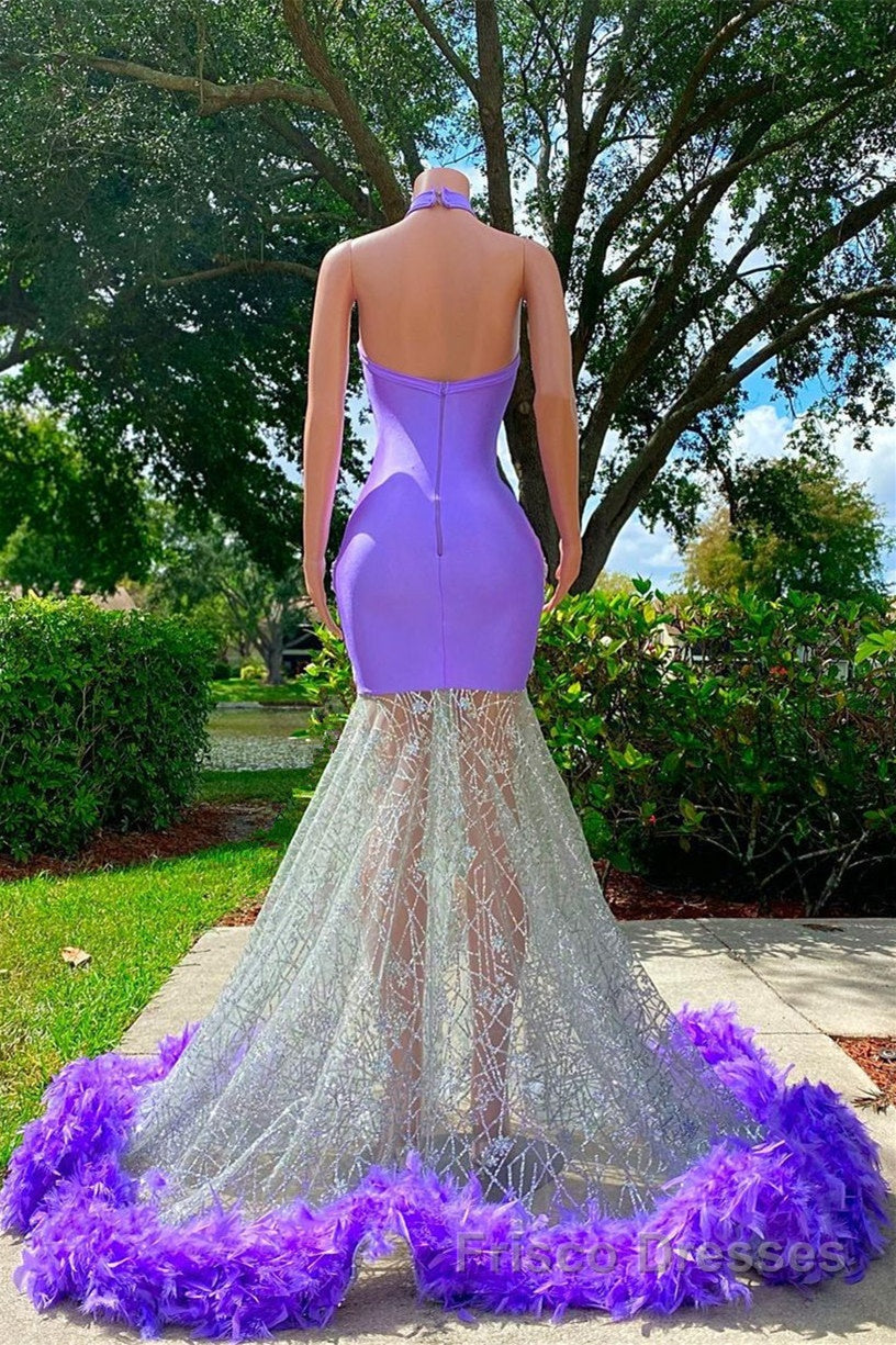 Mermaid High Neck Floor-length Sleeveless Open Back Appliques Lace Beaded Formal Prom Dresses With Feather Secondary image