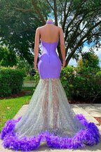 Mermaid High Neck Floor-length Sleeveless Open Back Appliques Lace Beaded Formal Prom Dresses With Feather