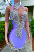 Mermaid High Neck Floor-length Sleeveless Open Back Appliques Lace Beaded Formal Prom Dresses With Feather