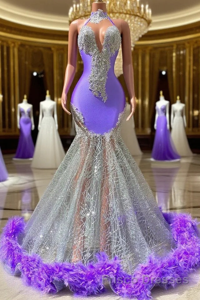 Mermaid High Neck Floor-length Sleeveless Open Back Appliques Lace Beaded Formal Prom Dresses With Feather Main image